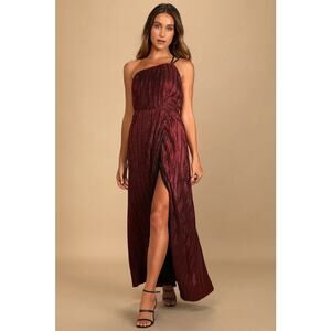 NWT Lulu’s Get To The Groove Shiny Red Pleated‎ One Shoulder Maxi Dress